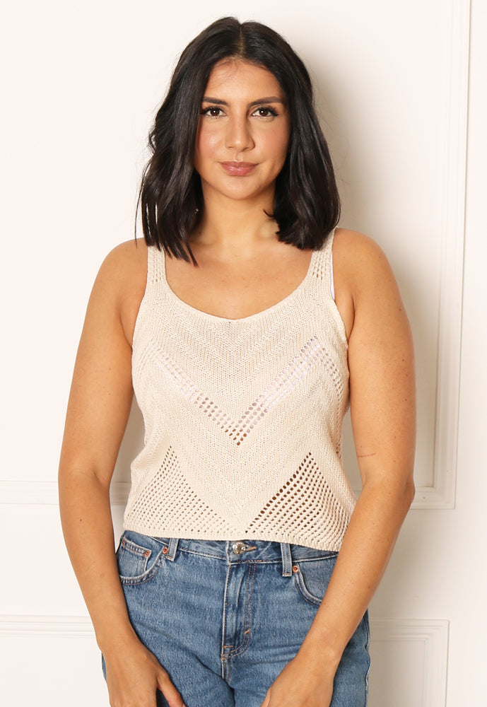 JDY Sun Crochet Knitted Sleeveless Strappy Vest Top in Cream - One Nation Clothing