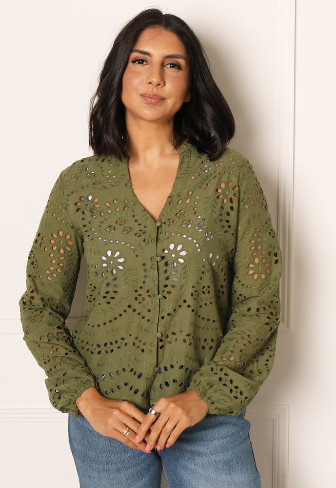 
                  
                    ONLY Lalisa Broderie Anglaise Lace Long Sleeve Blouse Shirt in Olive Green - One Nation Clothing
                  
                
