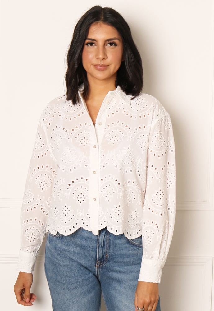 ONLY Valais Broderie Anglaise Lace Long Sleeve Shirt in White - One Nation Clothing