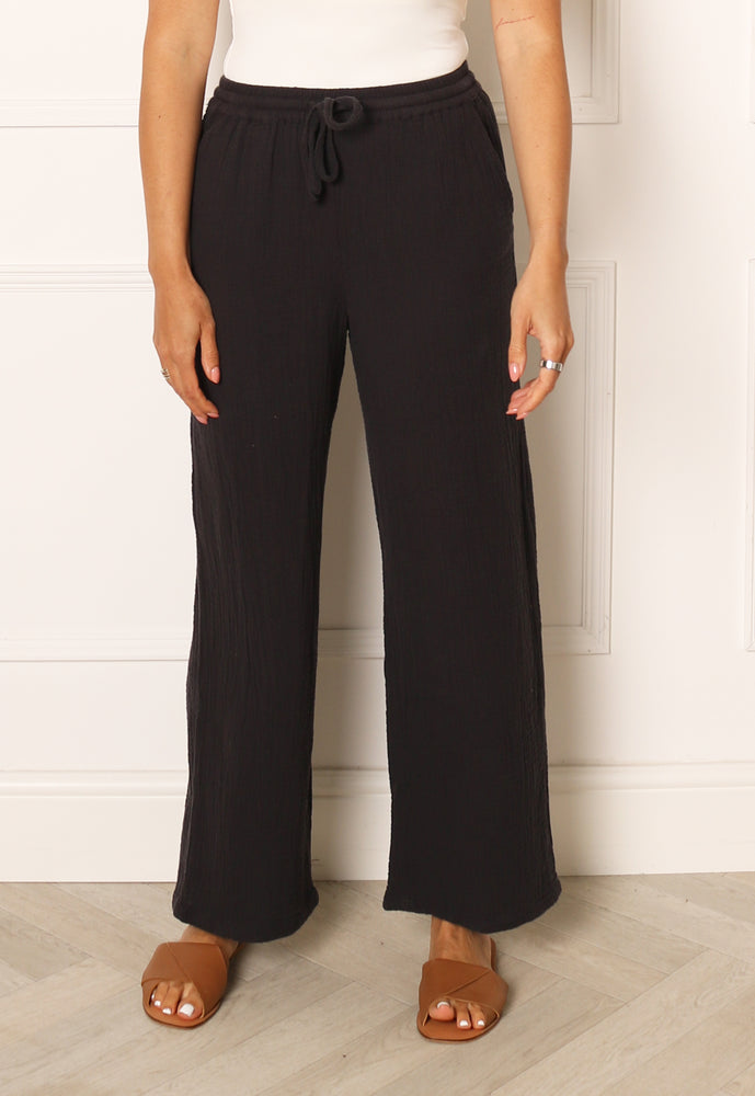 ONLY Thyra High Waisted Pull On Cheesecloth Co-ord Trousers in Washed Black - One Nation Clothing