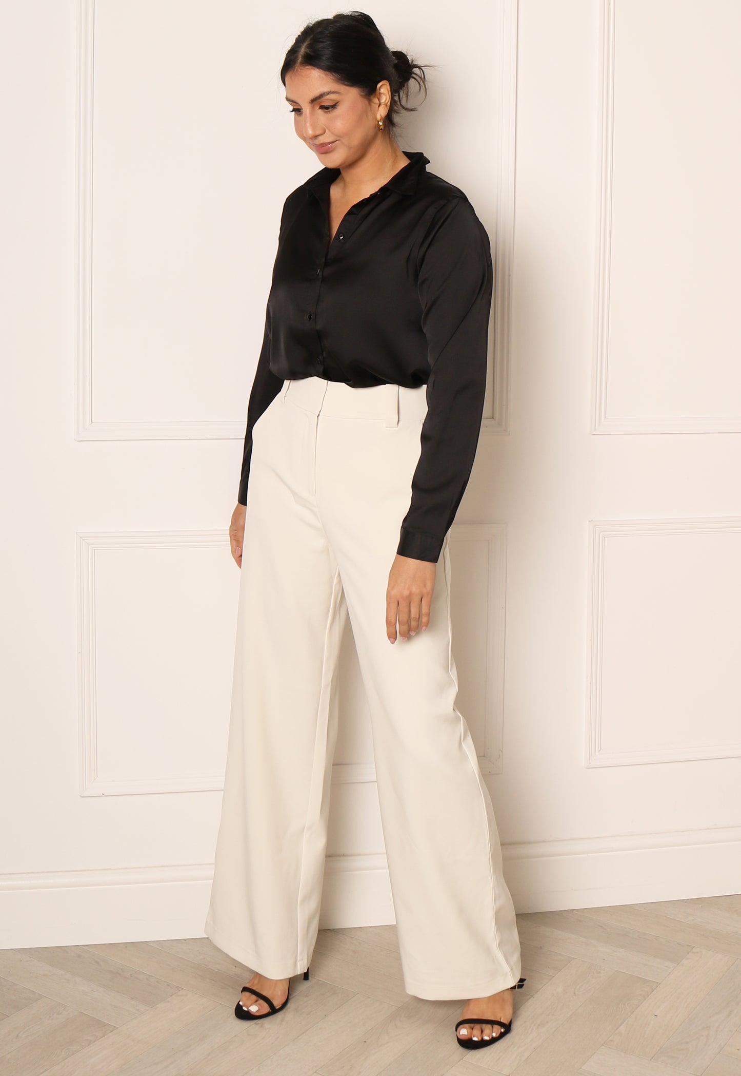 VILA Arnas Wide Leg High Waisted Trousers in Cream - One Nation Clothing