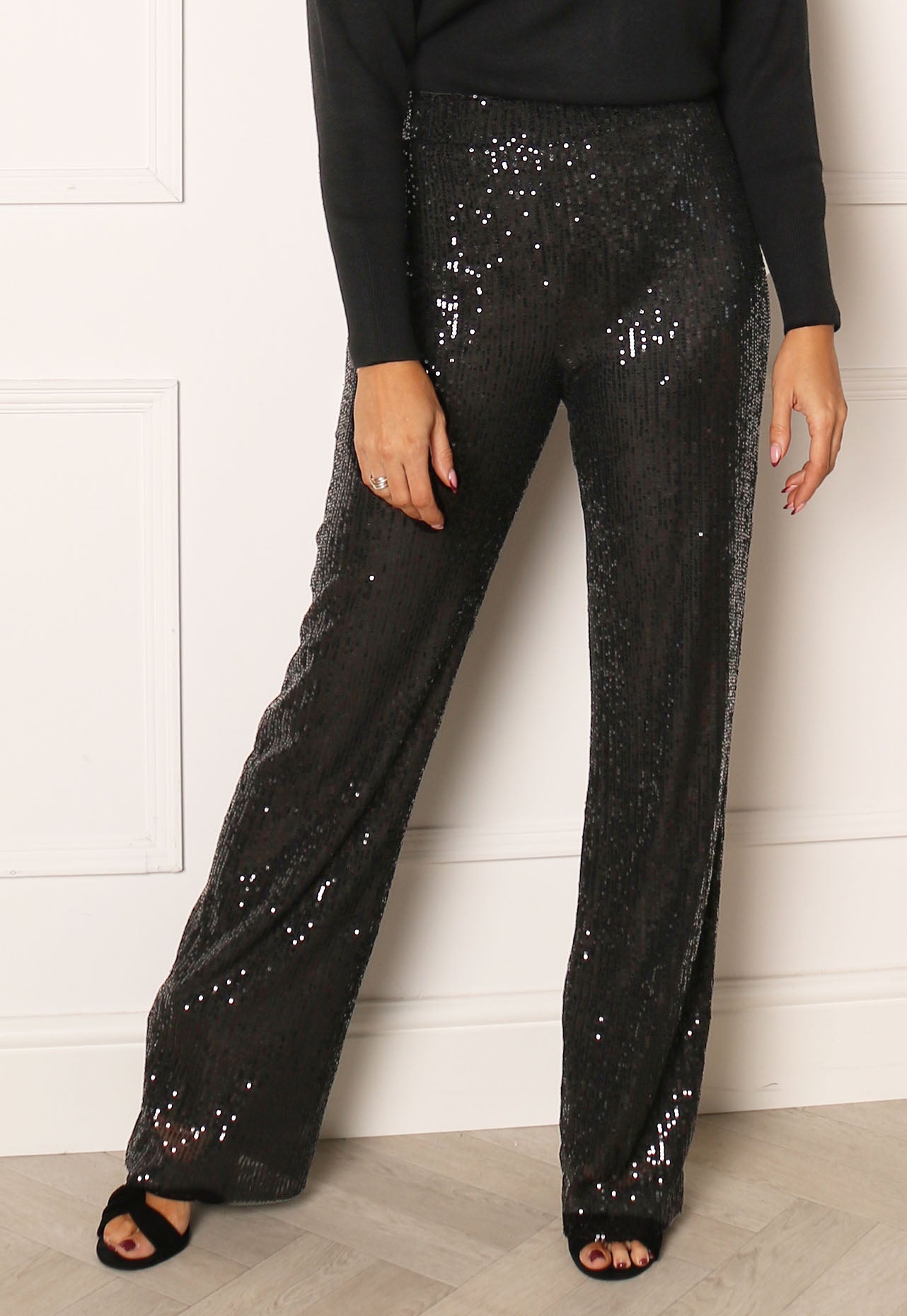 
                  
                    ONLY Goldie Sequin High Waist Wide Trousers in Black - One Nation Clothing
                  
                