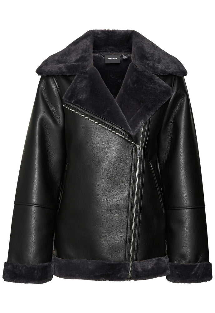 VERO MODA Emmy Oversized Faux Leather & Fur Aviator Jacket in Black - One Nation Clothing
