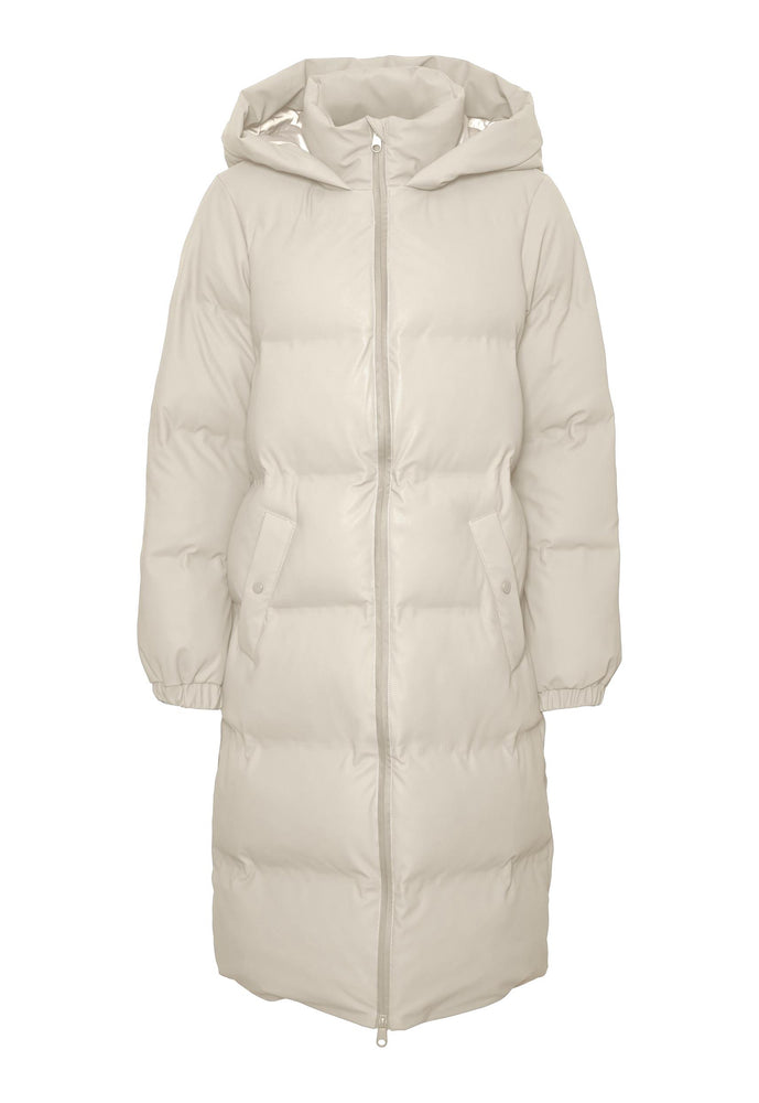 VERO MODA Long Noe Water Repellent Quilted Hooded Midi Puffer Coat in Soft Beige - One Nation Clothing