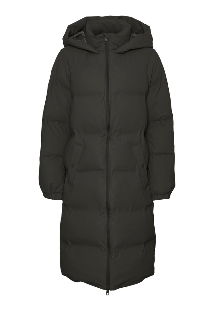 VERO MODA Long Noe Water Repellent Quilted Hooded Midi Puffer Coat in Black - One Nation Clothing