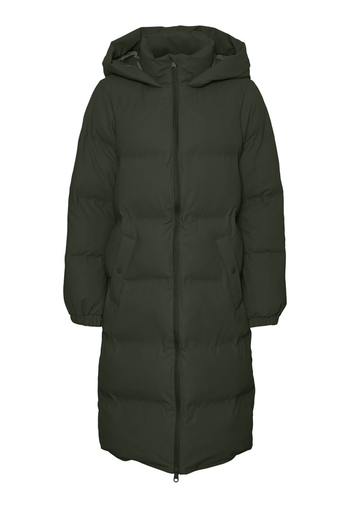 VERO MODA Long Noe Water Repellent Quilted Hooded Midi Puffer Coat in Dark Khaki - One Nation Clothing