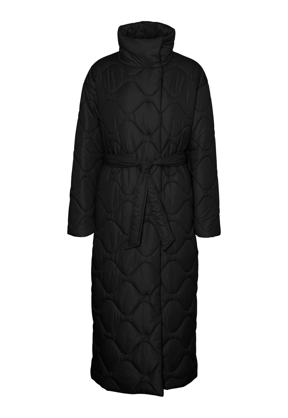 VERO MODA Astoria Onion Quilted Midi Jacket with High Neck & Belt in Black - One Nation Clothing