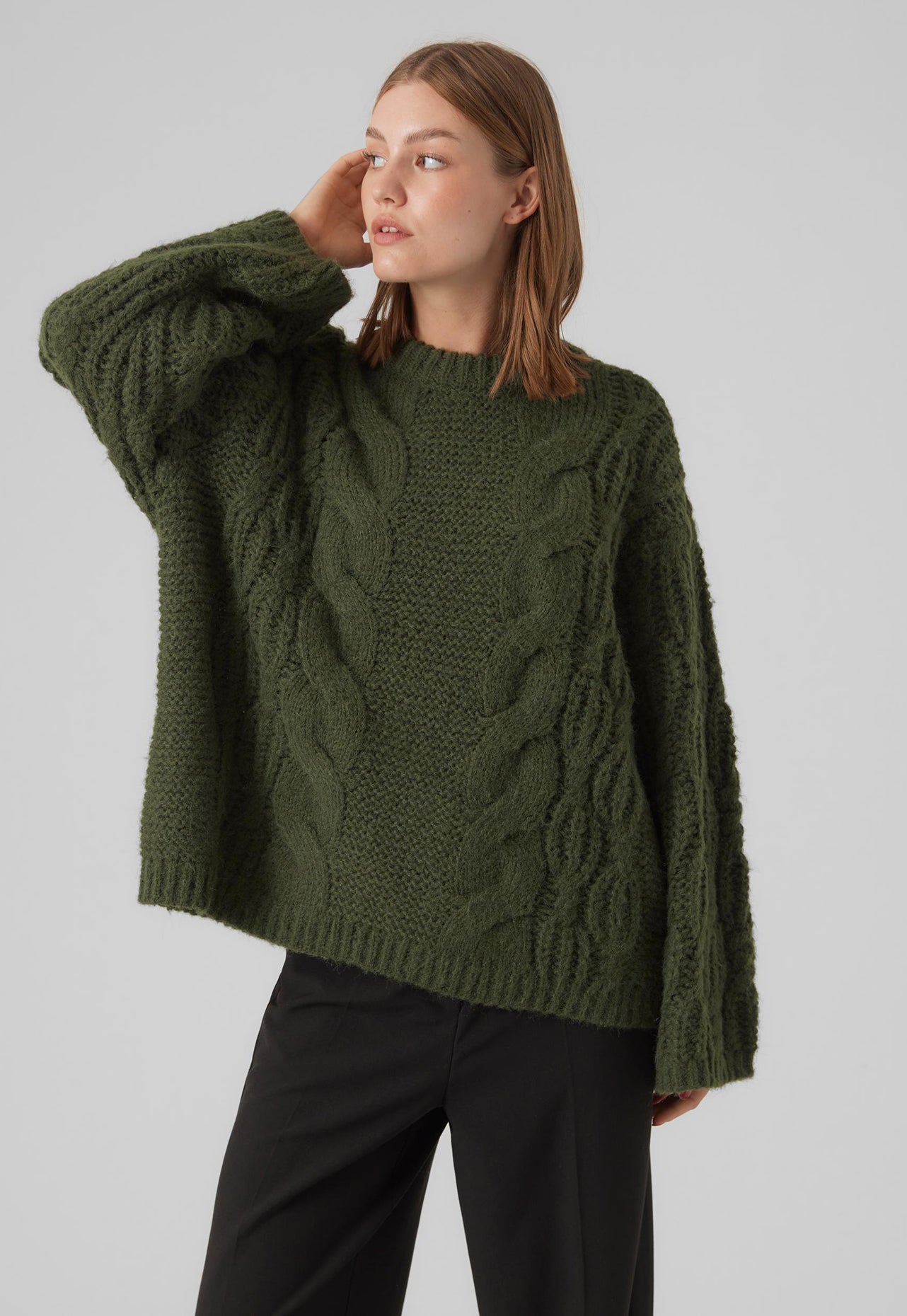 VERO MODA Vea Premium Chunky Cable Knit Fluffy Jumper in Khaki Green - One Nation Clothing