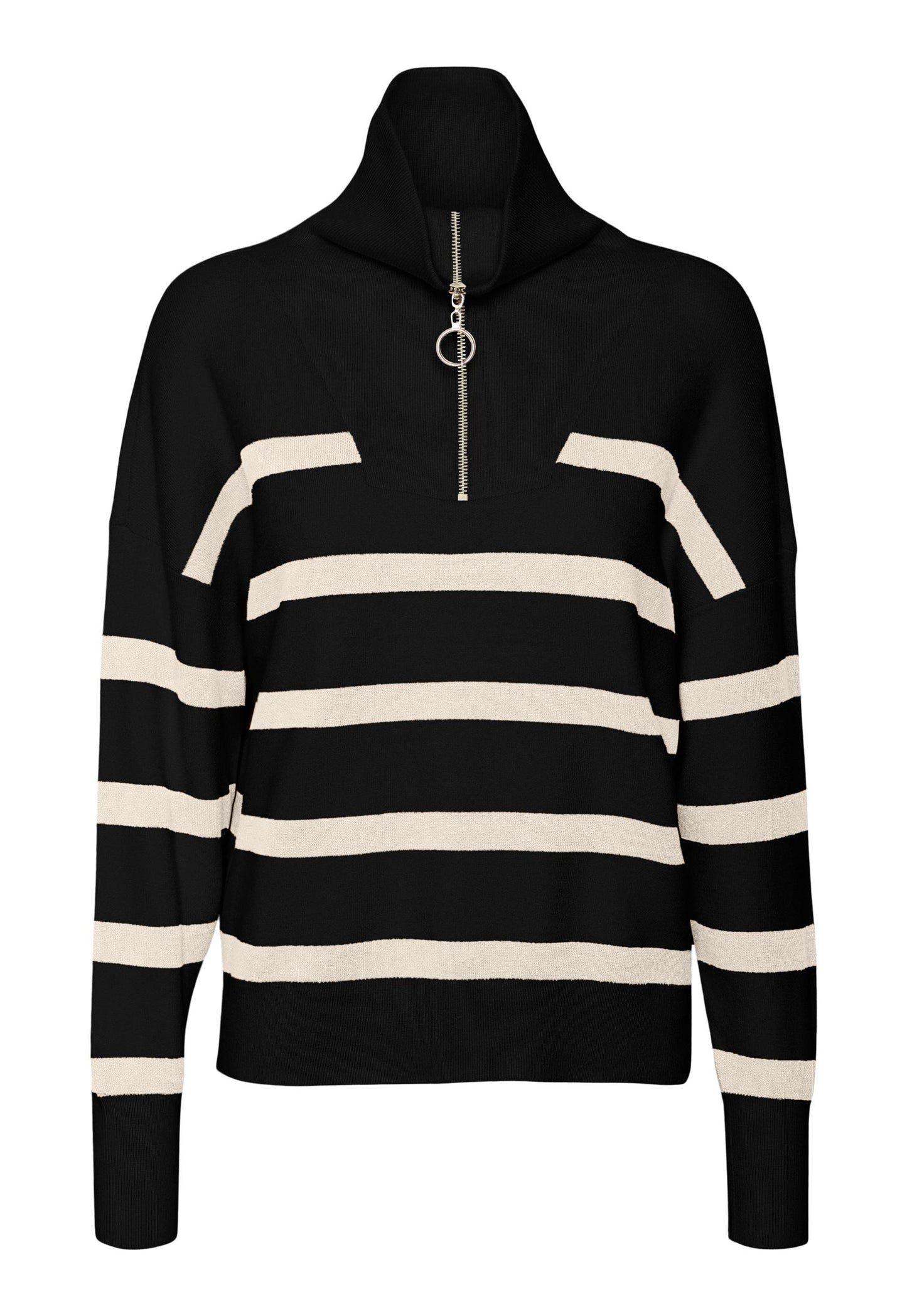 VERO MODA Saba Soft Knit Stripe Half Zip High Neck Jumper in Black & Cream - One Nation Clothing