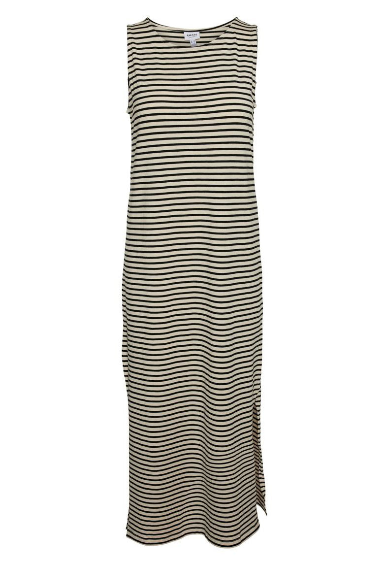 
                  
                    VERO MODA Fiona Stripe Jersey Midi Sun Dress Side Splits in Cream & Black - One Nation Clothing
                  
                
