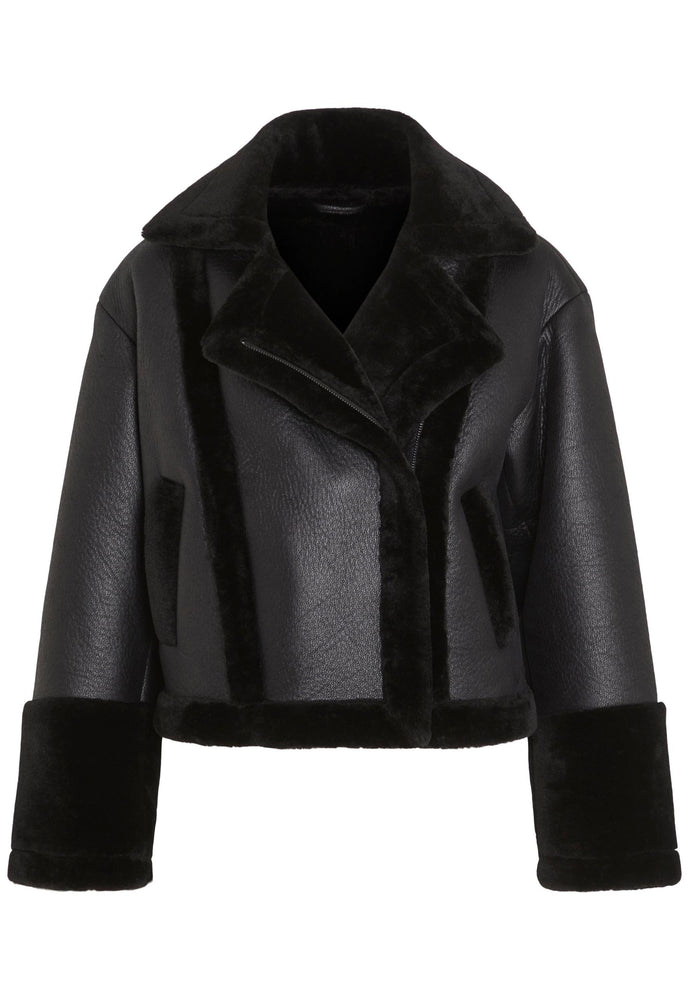VILA Melda Faux Leather & Fur Cropped Aviator Jacket in Black - One Nation Clothing