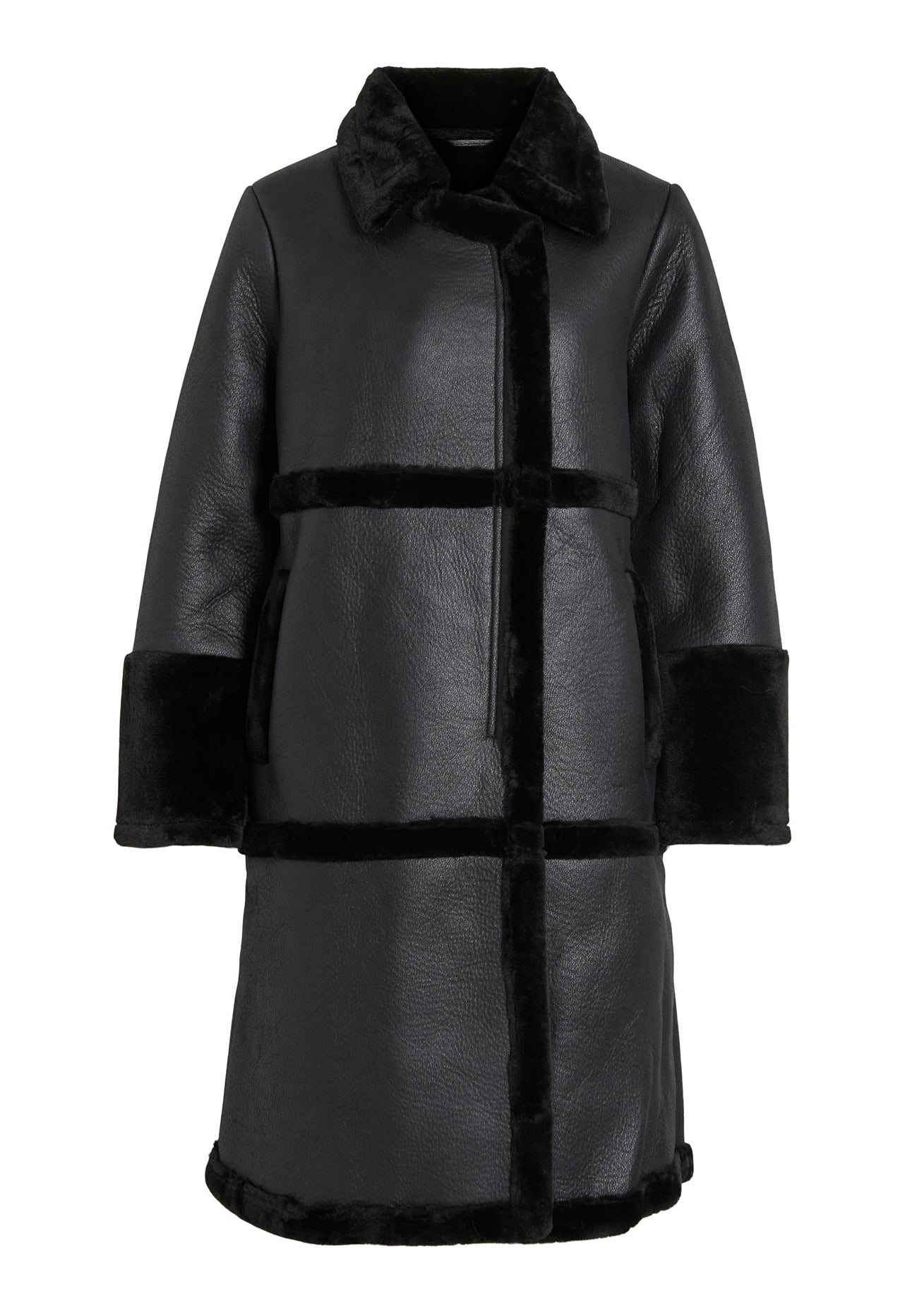 VILA Long Melda Faux Leather & Shearling Aviator Coat in Black - One Nation Clothing
