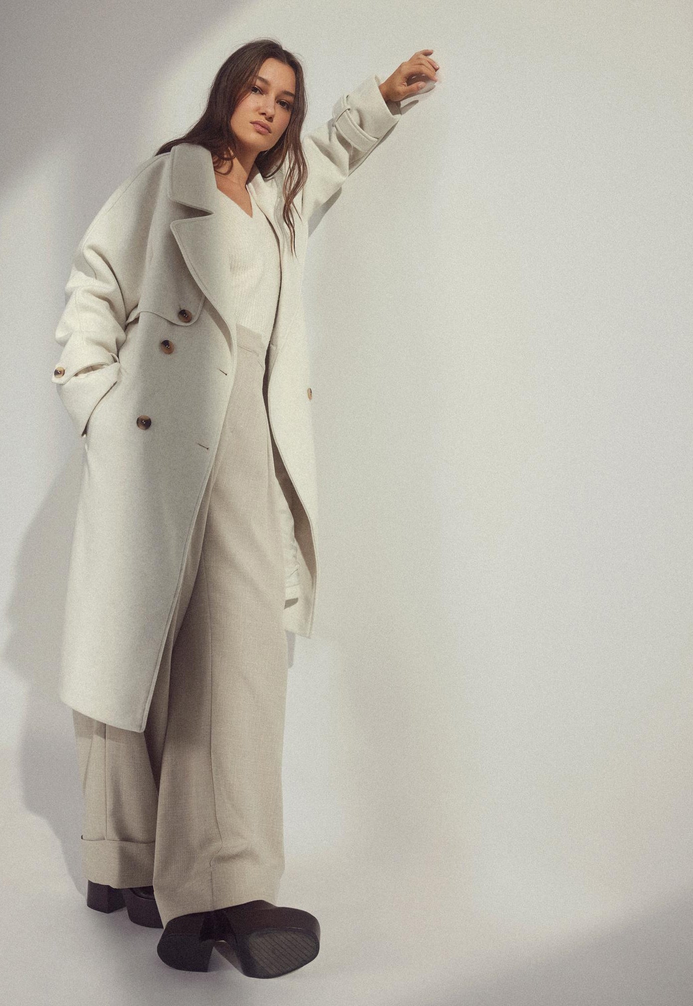 
                  
                    VILA Landra Smart Double Breasted Longline Wool Trench Coat in Cream - One Nation Clothing
                  
                