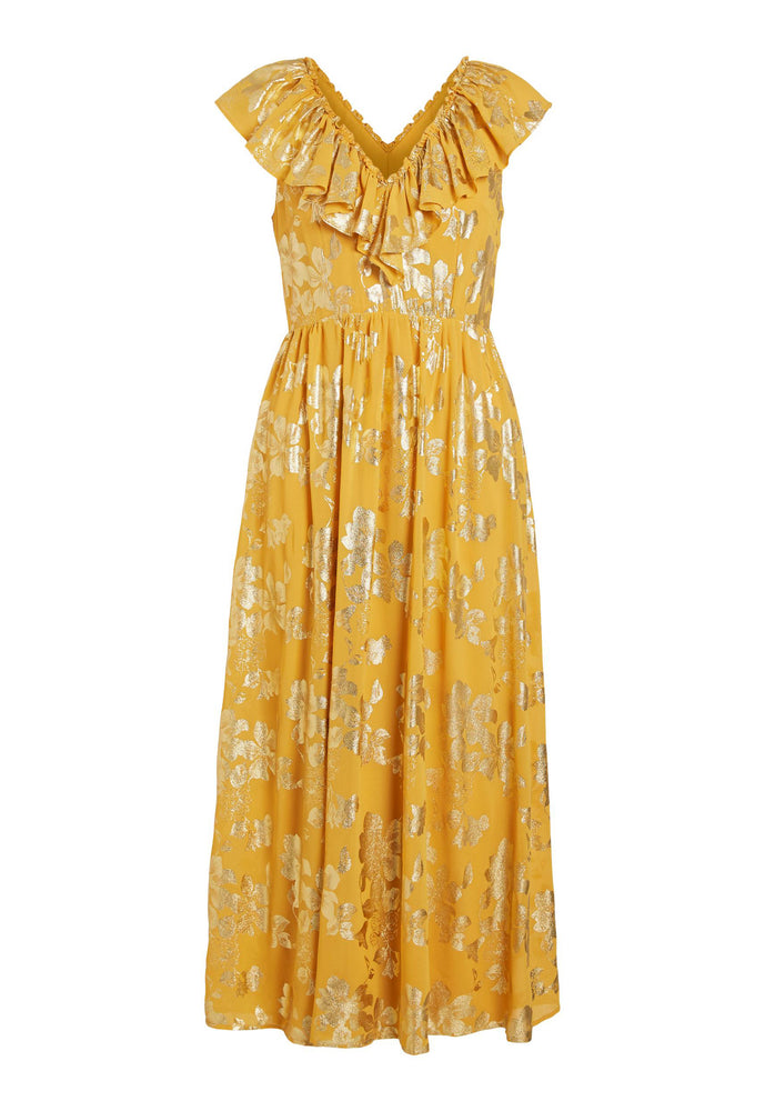 
                  
                    VILA Jaya Floral Print Frill Edge Midi Dress in Yellow & Gold Foil - One Nation Clothing
                  
                