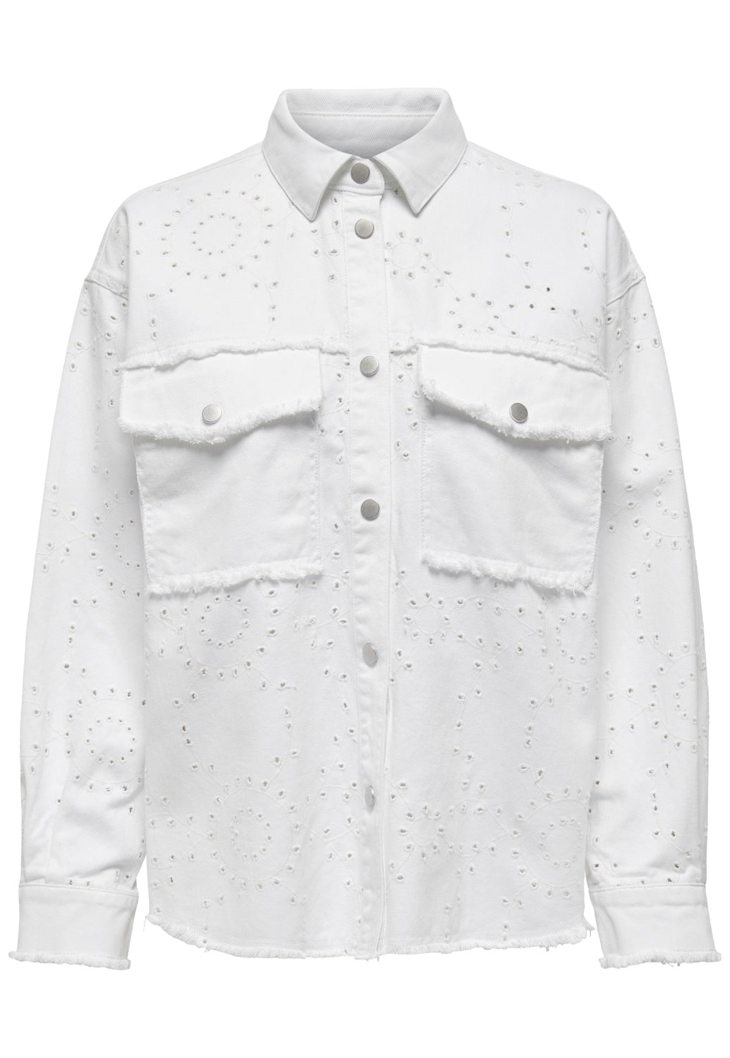 ONLY Elena Oversized Raw Hem Embroidered Shacket in White - One Nation Clothing