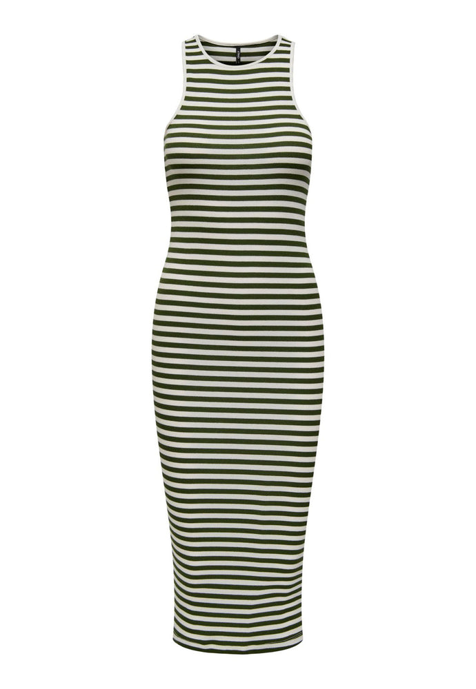 ONLY Any Stripe Ribbed Jersey Midi Sun Dress with Racer Neckline in White & Khaki - One Nation Clothing