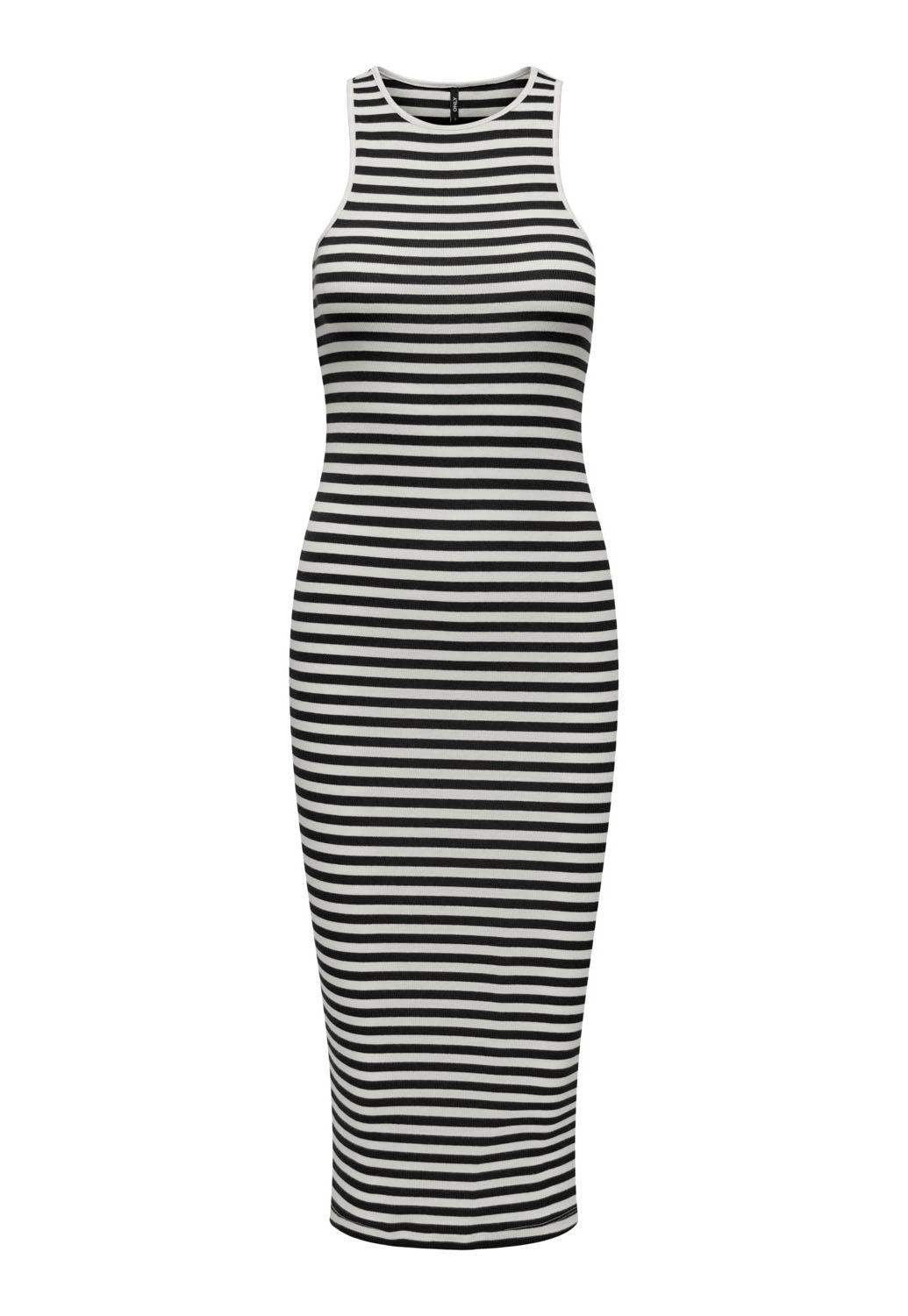 ONLY Any Stripe Ribbed Jersey Midi Sun Dress with Racer Neckline in White & Black - One Nation Clothing