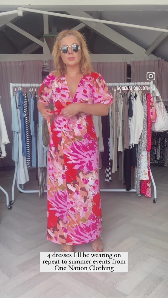 
                  
                    Load and play video in Gallery viewer, VILA Doletta Floral Print Maxi Wrap Dress in Red &amp;amp; Pink
                  
                