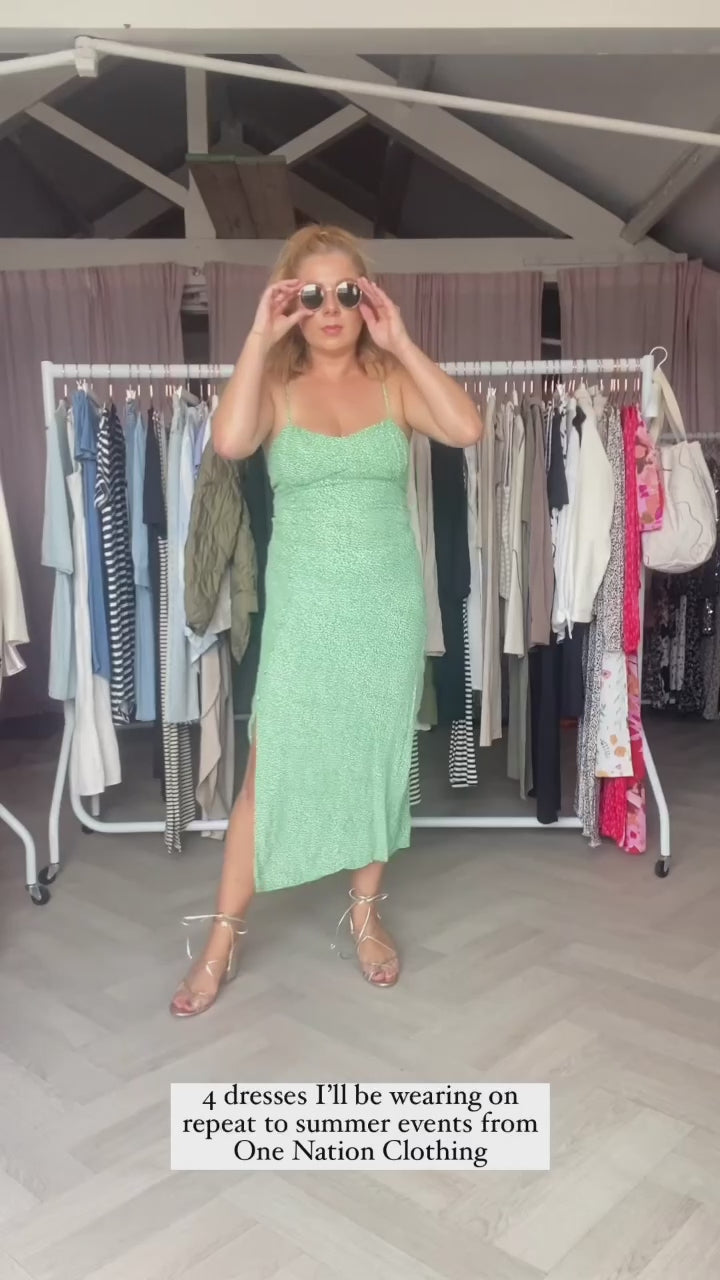 
                  
                    Load and play video in Gallery viewer, ONLY Leona Strappy Leopard Print Button Detail Midi Dress with Split in Green &amp;amp; White
                  
                