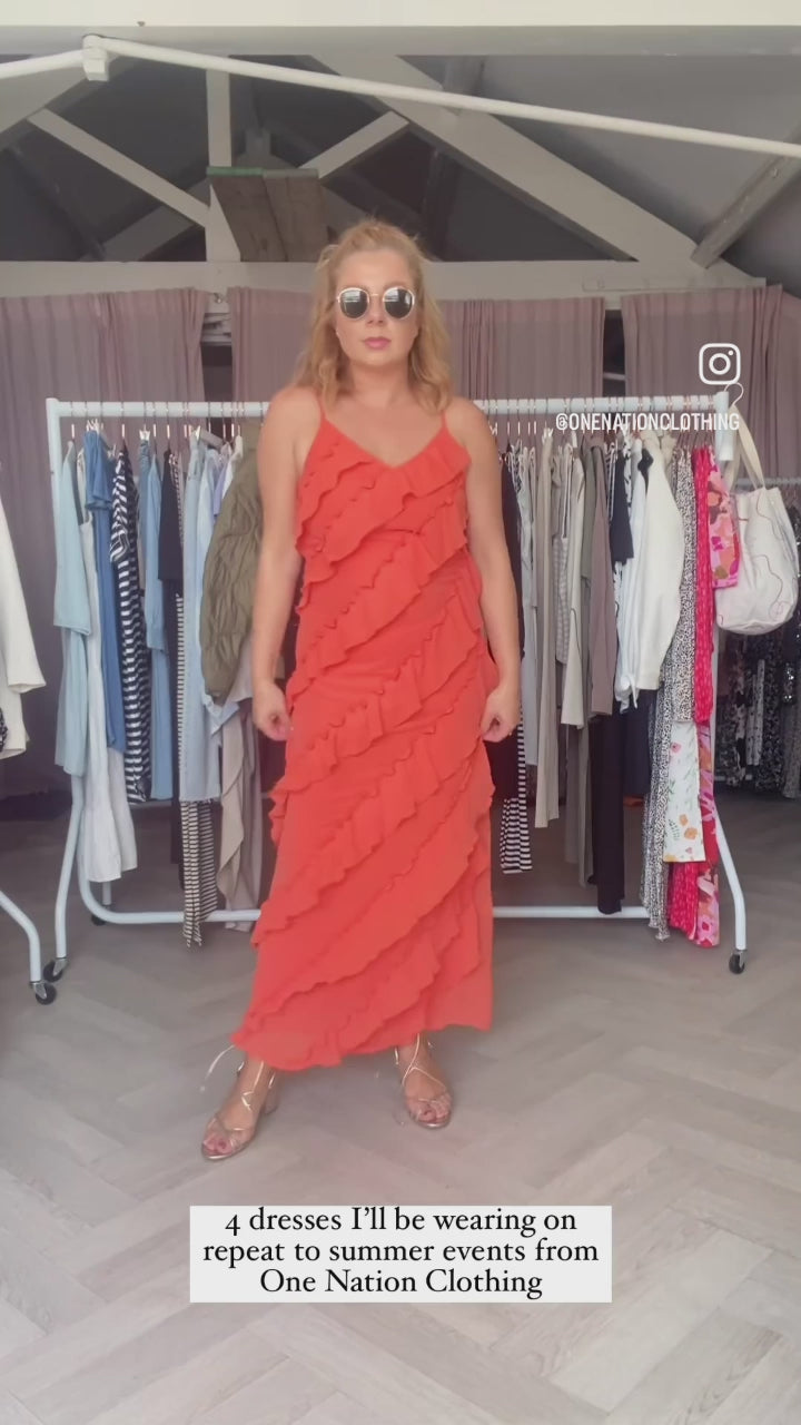 
                  
                    Load and play video in Gallery viewer, VILA Neila Strappy Ruffle Chiffon Maxi Dress in Orange
                  
                