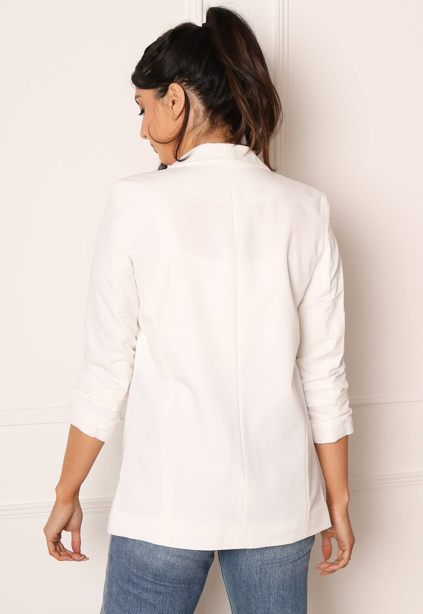 
                  
                    PIECES Ruched Sleeve Blazer in White - One Nation Clothing
                  
                
