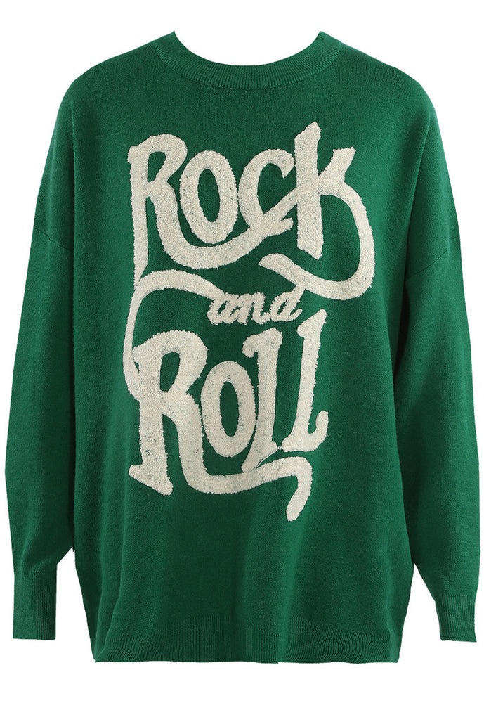Wavy Rock and Roll Slogan Oversized Soft Knit Jumper in Green & White - One Nation Clothing