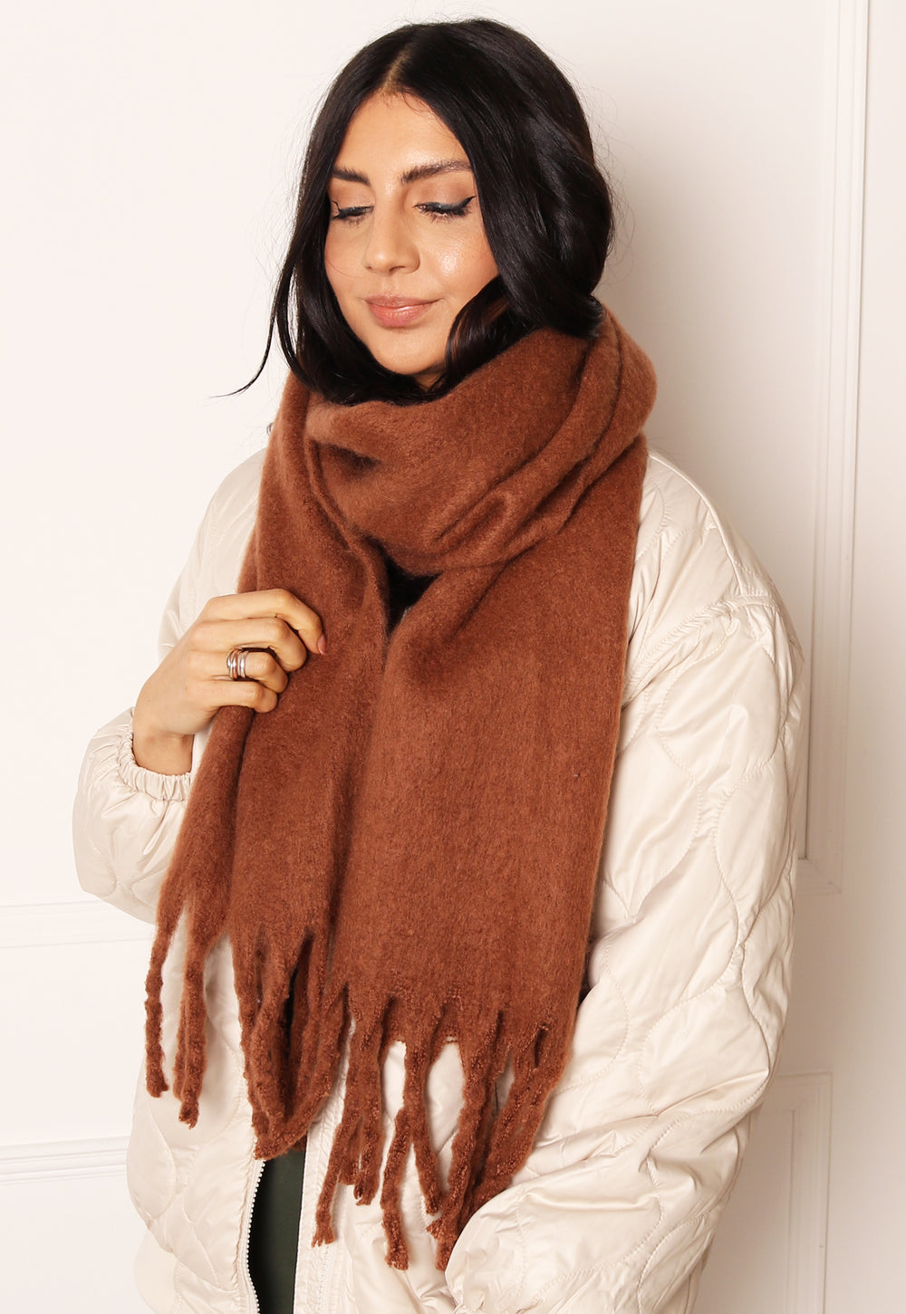 VERO MODA Brushed Scarf with Tassels in Brown - One Nation Clothing