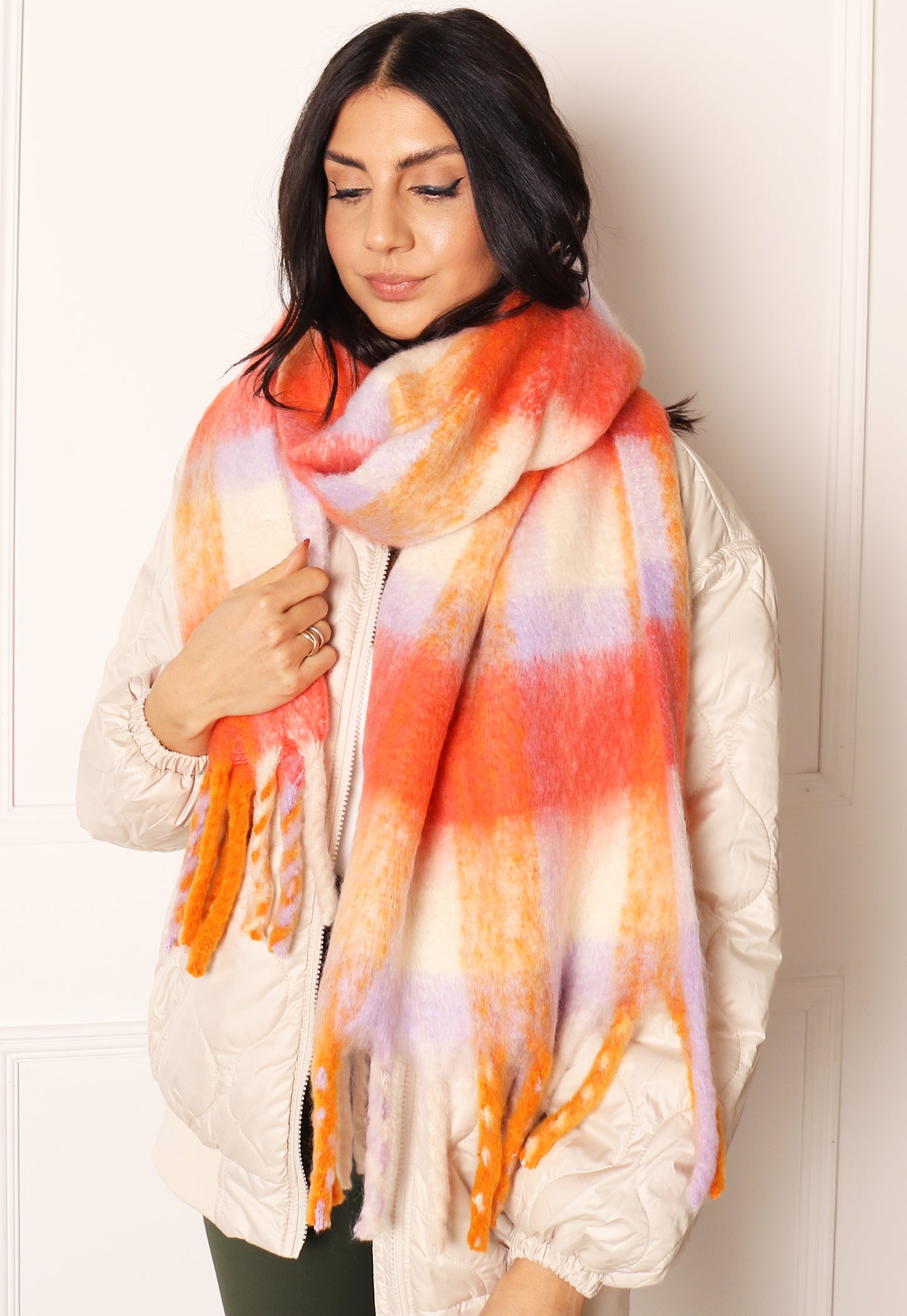 
                  
                    VERO MODA Oversized Brushed Check Scarf with Tassels in Orange & Lilac - One Nation Clothing
                  
                