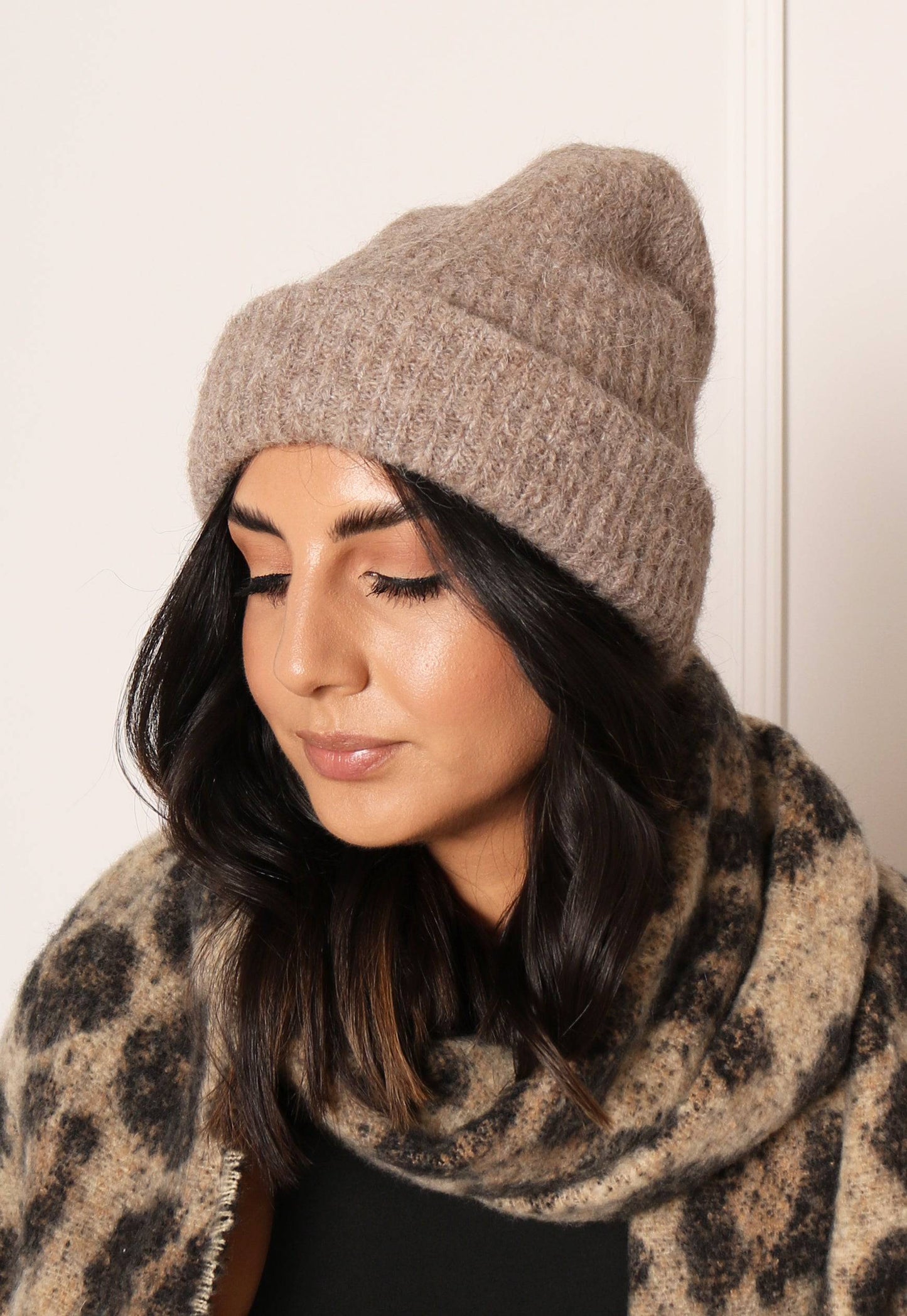 PIECES Fluffy Knit Ribbed Turn Up Beanie Hat in Beige - One Nation Clothing