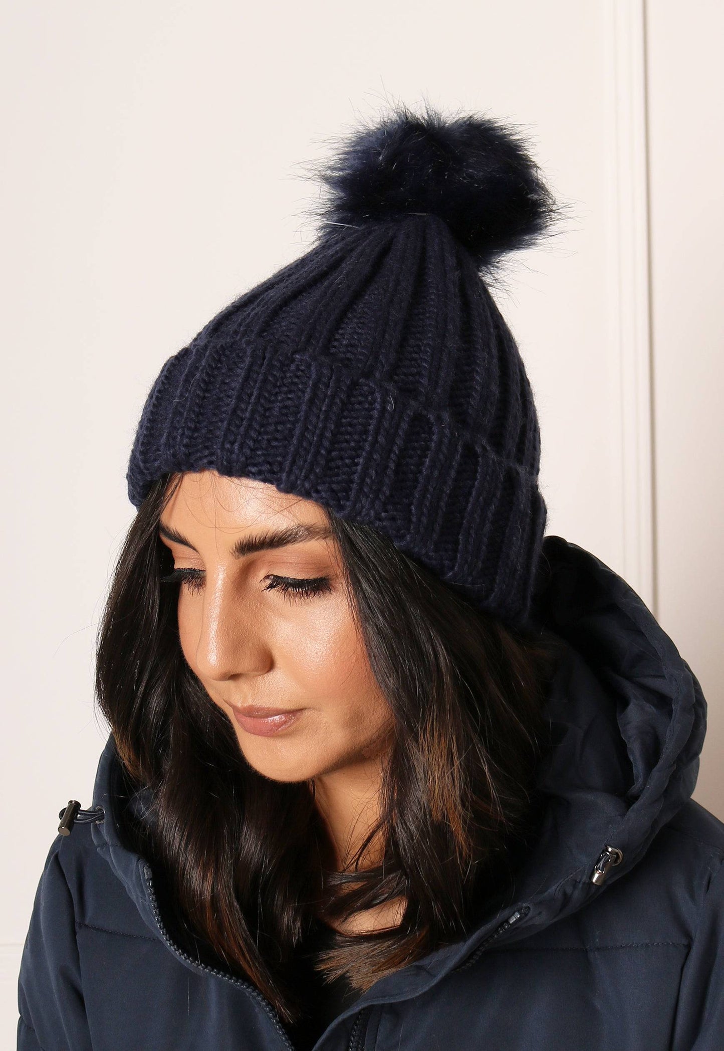 Pom Pom Ribbed Knitted Beanie Hat with Matching Fur in Navy Blue - One Nation Clothing