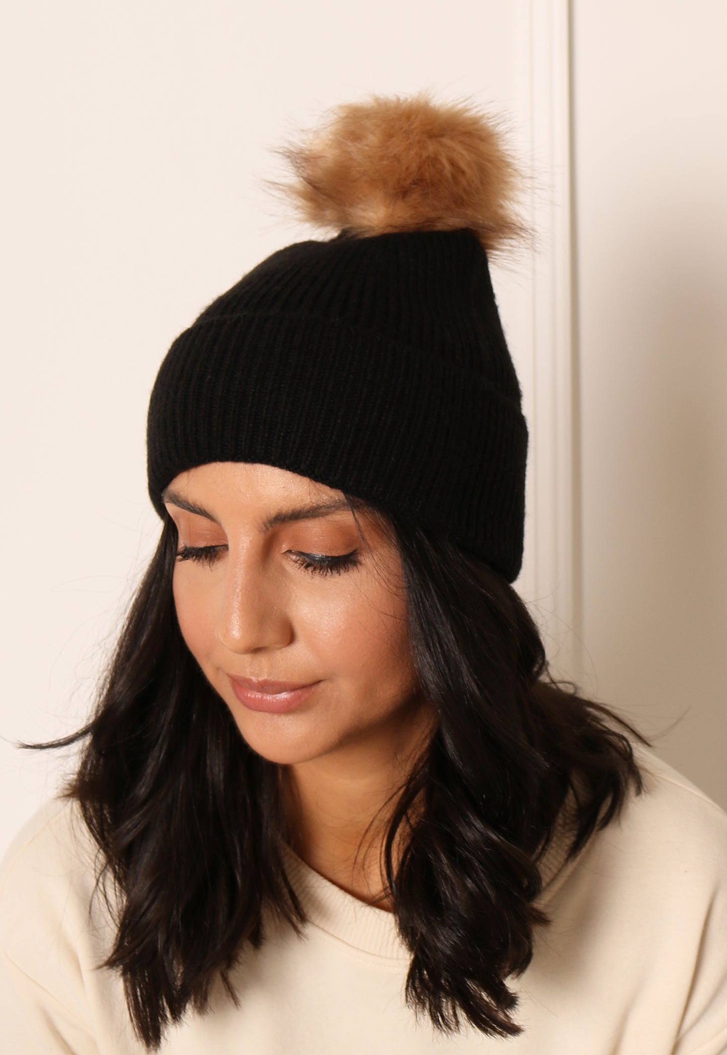 PIECES Rib Knit Beanie Hat with Faux Fur Pom in Black & Natural - One Nation Clothing
