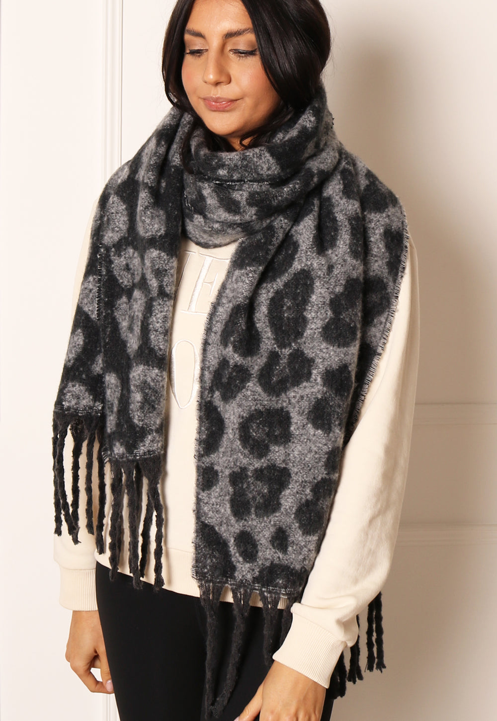 ONLY Leopard Print Oversized Brushed Scarf with Tassels in Black & Grey - One Nation Clothing