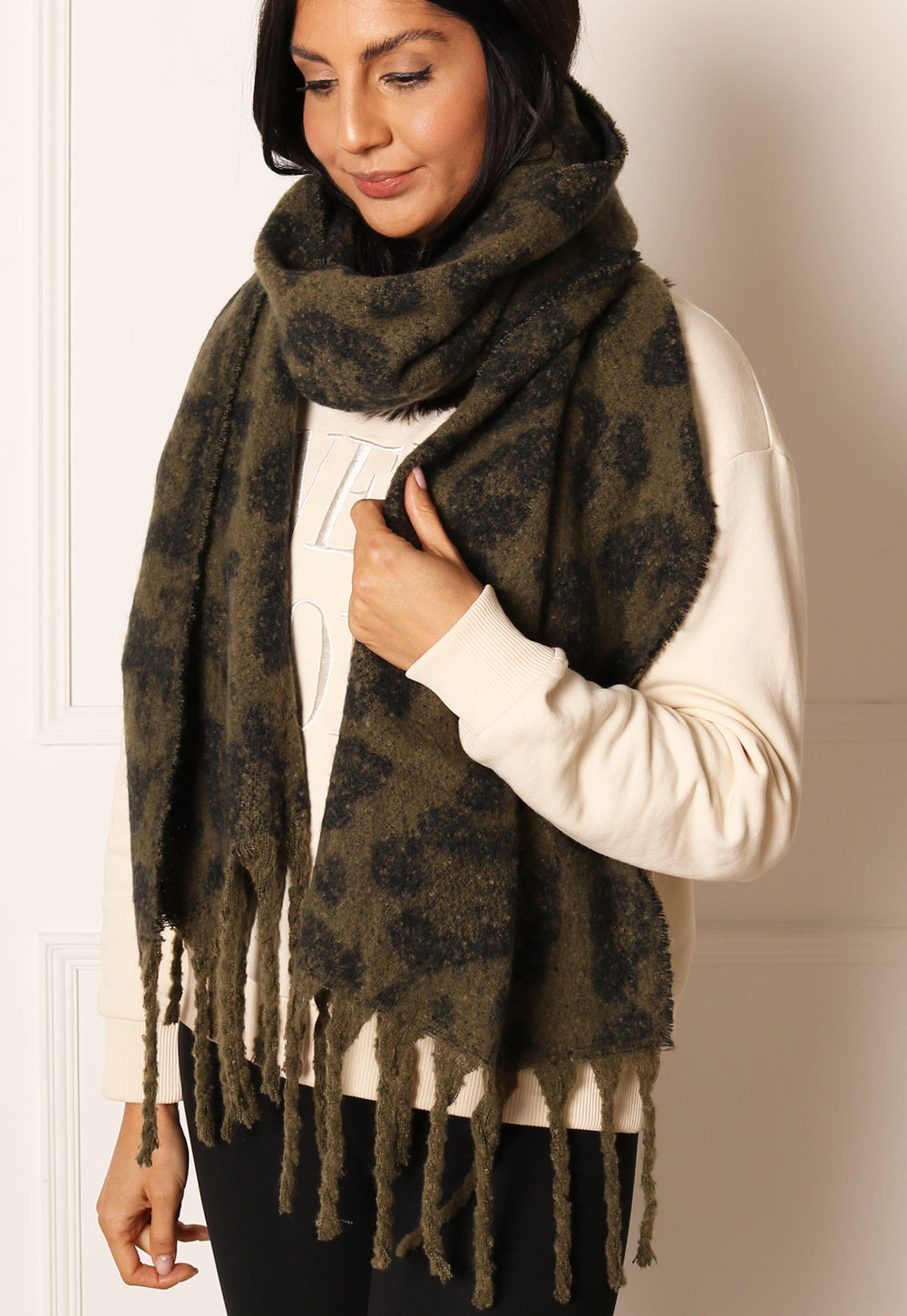 ONLY Leopard Print Oversized Brushed Scarf with Tassels in Khaki & Black - One Nation Clothing