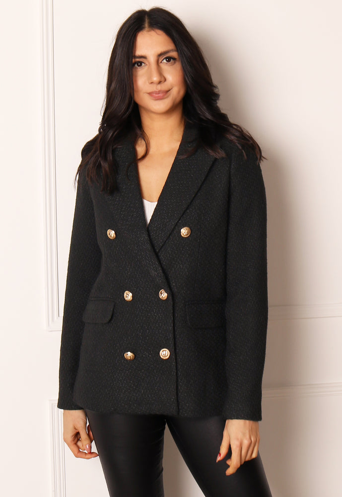 
                  
                    VERO MODA Brooke Boucle Double Breasted Gold Button Blazer in Black - One Nation Clothing
                  
                