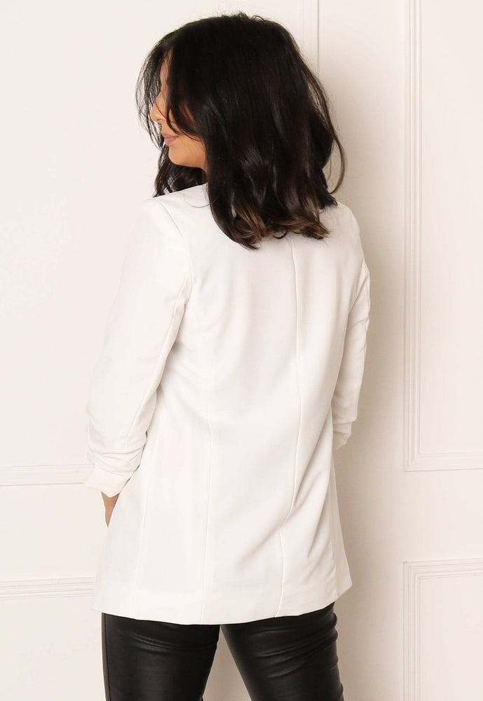 
                  
                    PIECES Ruched Sleeve Blazer in White - One Nation Clothing
                  
                