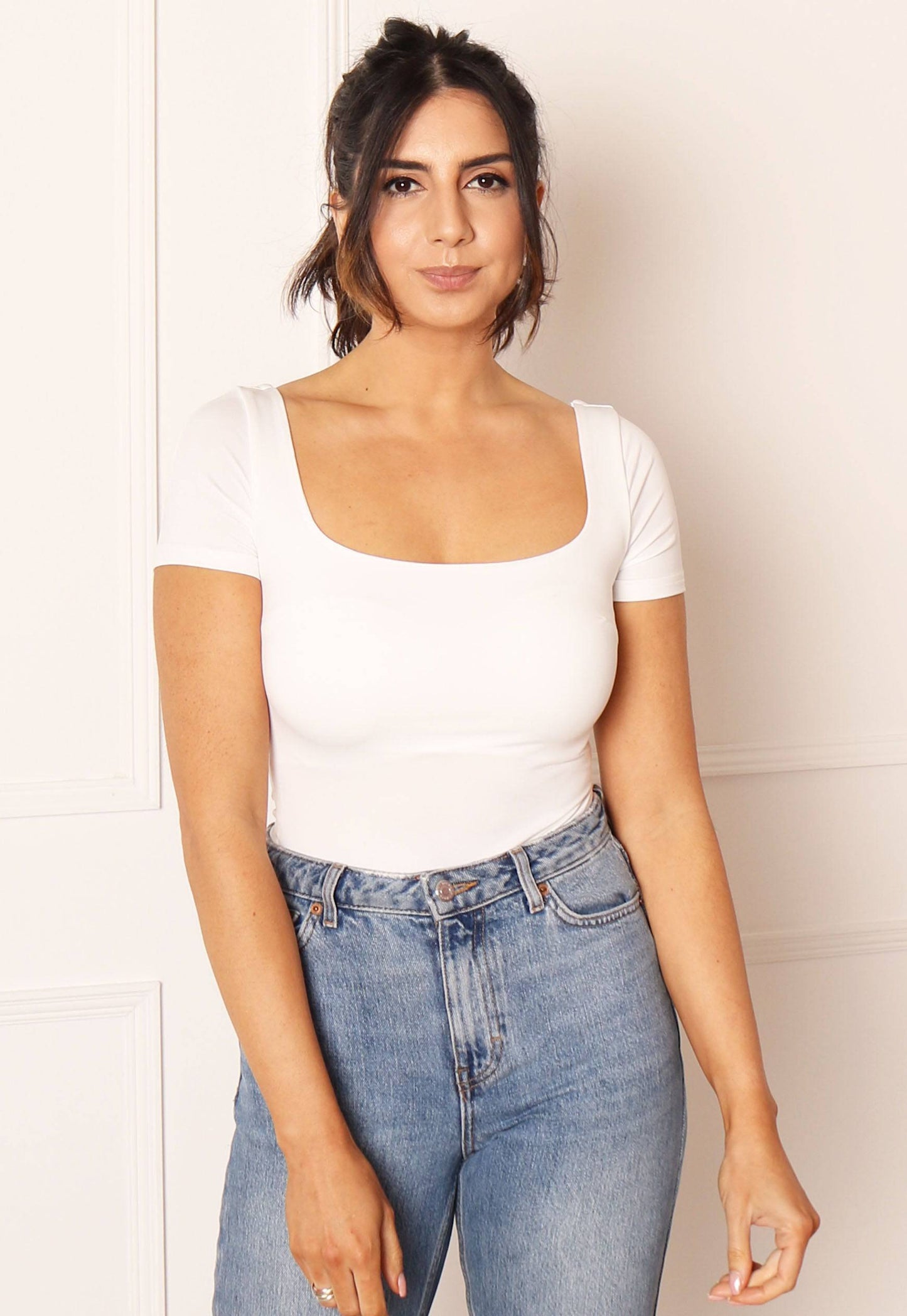 Short Sleeve Scoop Neck Double Layer Bodysuit in Soft Cream - One Nation Clothing