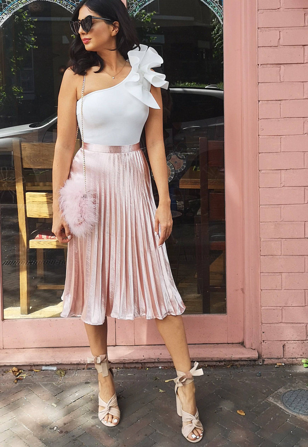 Metallic Satin Pleated High Waisted Midi Skirt in Rose Gold - One Nation Clothing