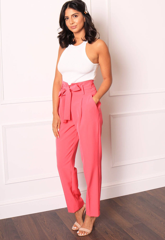 High Waist Tailored Tapered Suit Trousers with Self Tie Belt in Hot Pink - One Nation Clothing