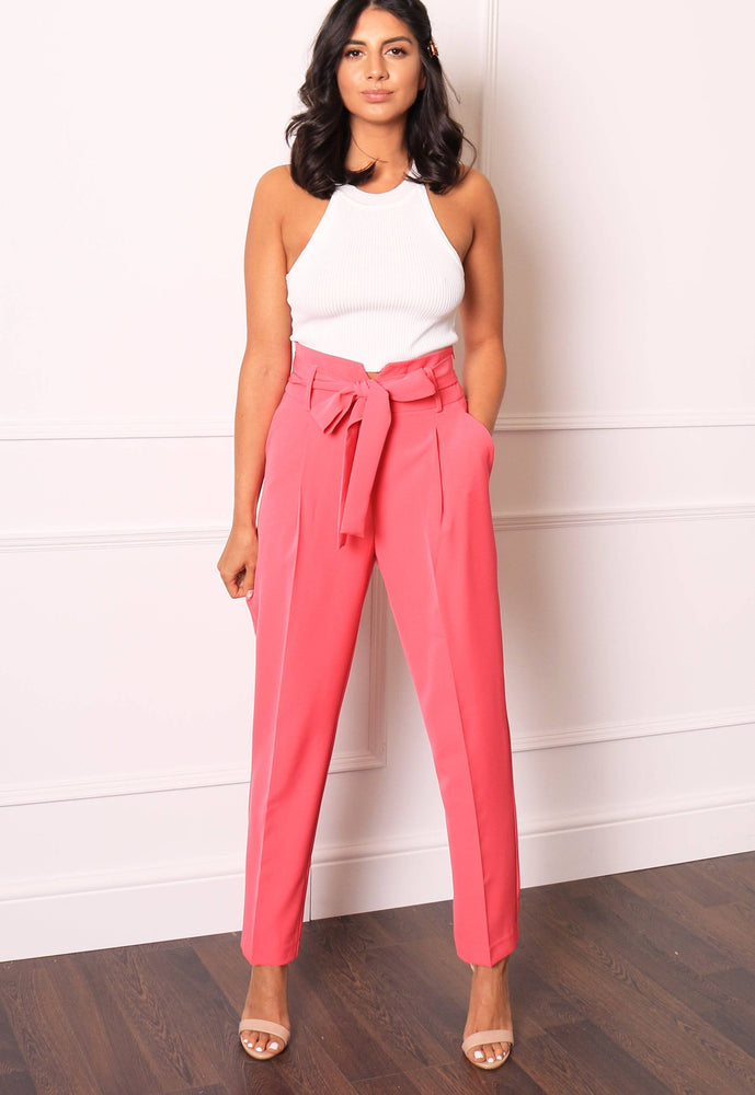 High Waist Tailored Tapered Suit Trousers with Self Tie Belt in Hot Pink - One Nation Clothing