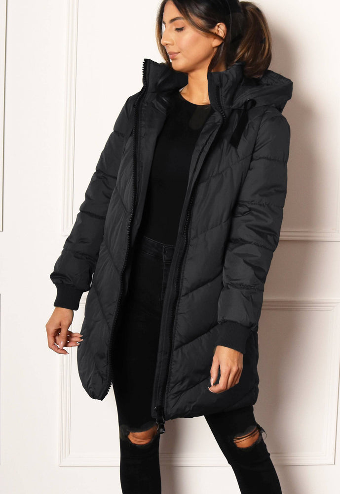 JDY Skylar Chevron Quilted Longline Hooded Puffer Coat in Black - One Nation Clothing