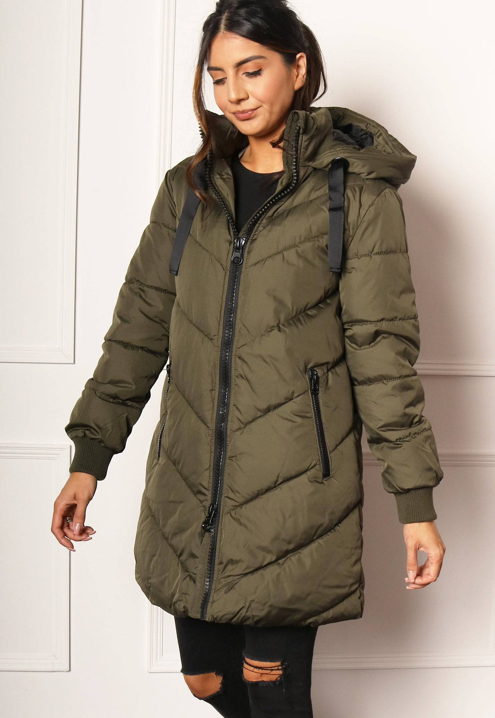 JDY Skylar Chevron Quilted Longline Hooded Puffer Coat in Khaki - One Nation Clothing