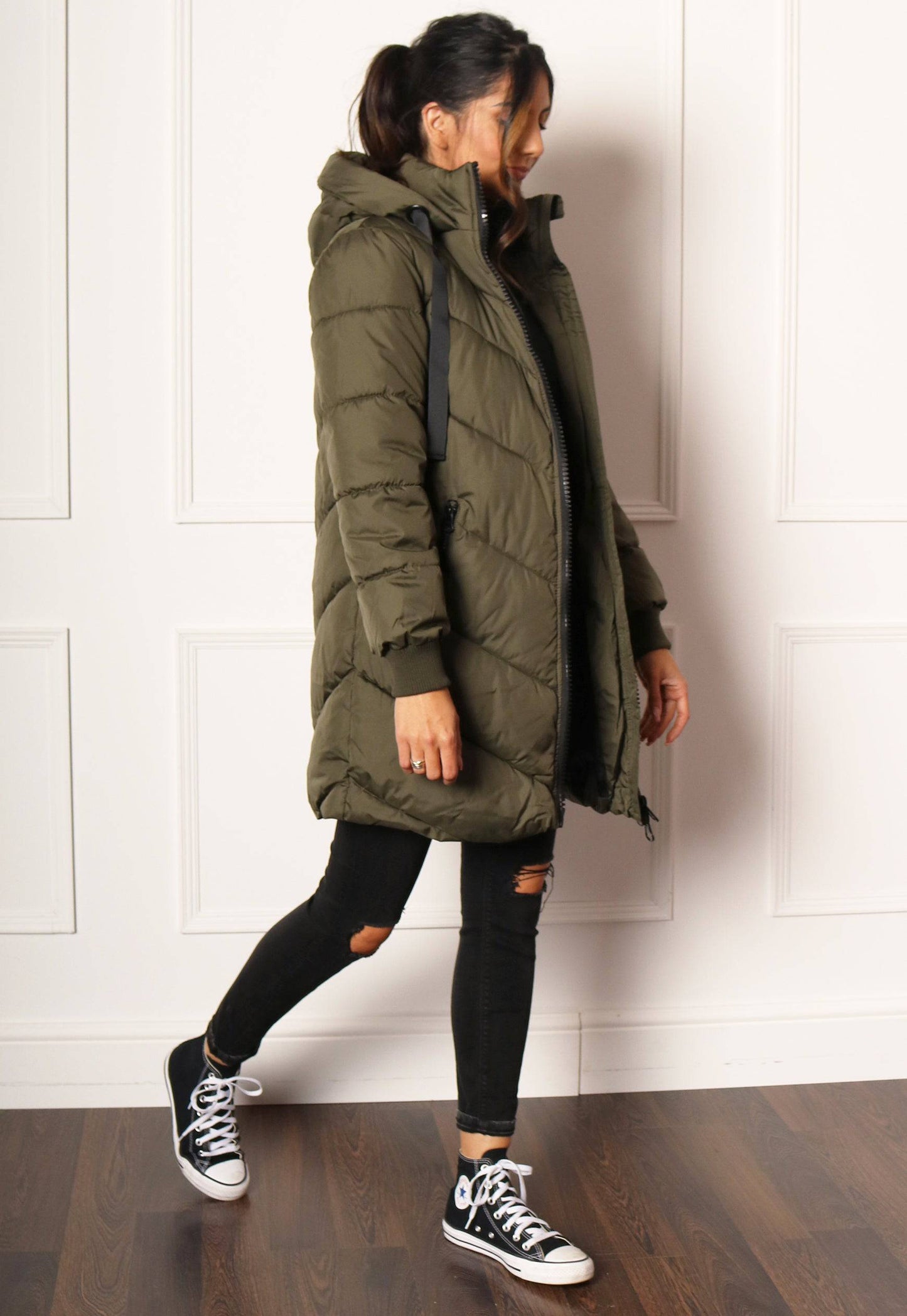 JDY Skylar Chevron Quilted Longline Hooded Puffer Coat in Khaki - One Nation Clothing
