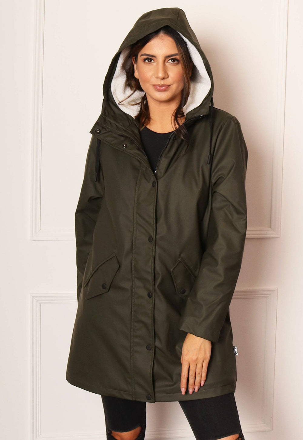 ONLY Sally Rubberised Matte Hooded Raincoat Mac with Shearling Lining in Khaki - One Nation Clothing