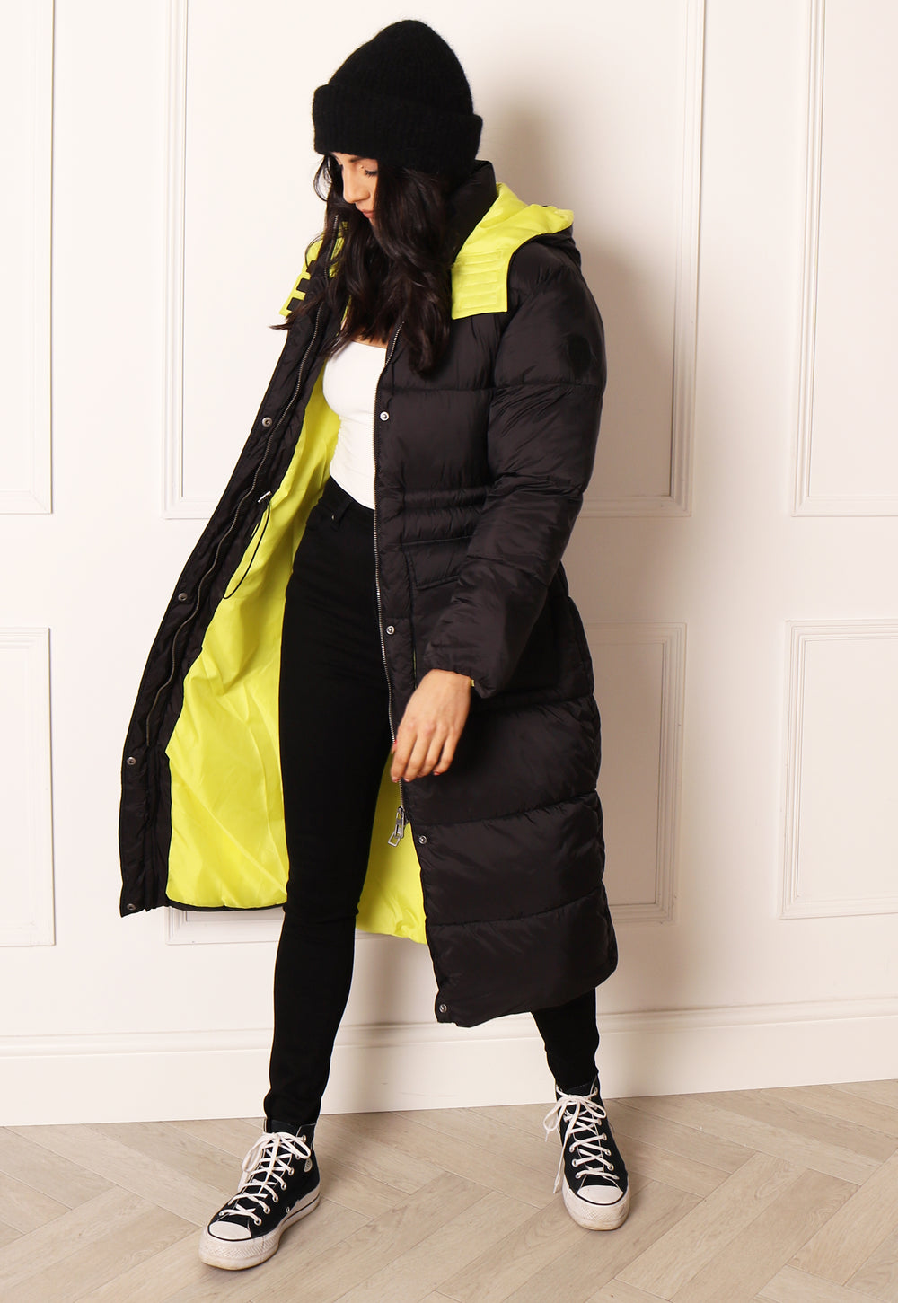 ONLY Puk Longline Midi Puffer Coat with Hood & Tie Waist in Black & Yellow - One Nation Clothing