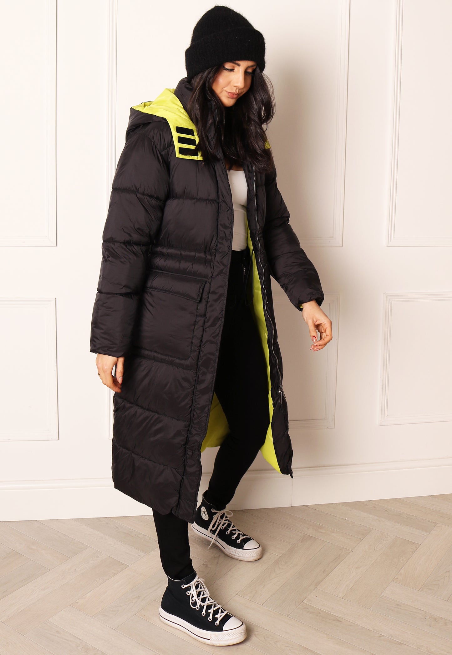 
                  
                    ONLY Puk Longline Midi Puffer Coat with Hood & Tie Waist in Black & Yellow - One Nation Clothing
                  
                