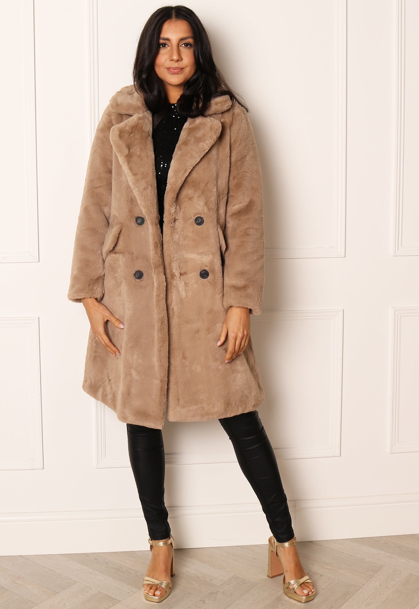 VERO Elly Double Style Faux Fur Midi Coat with Collar in Beige | One Nation Clothing VERO MODA Elly Double Breasted Vintage Style Faux Fur Midi Coat with C