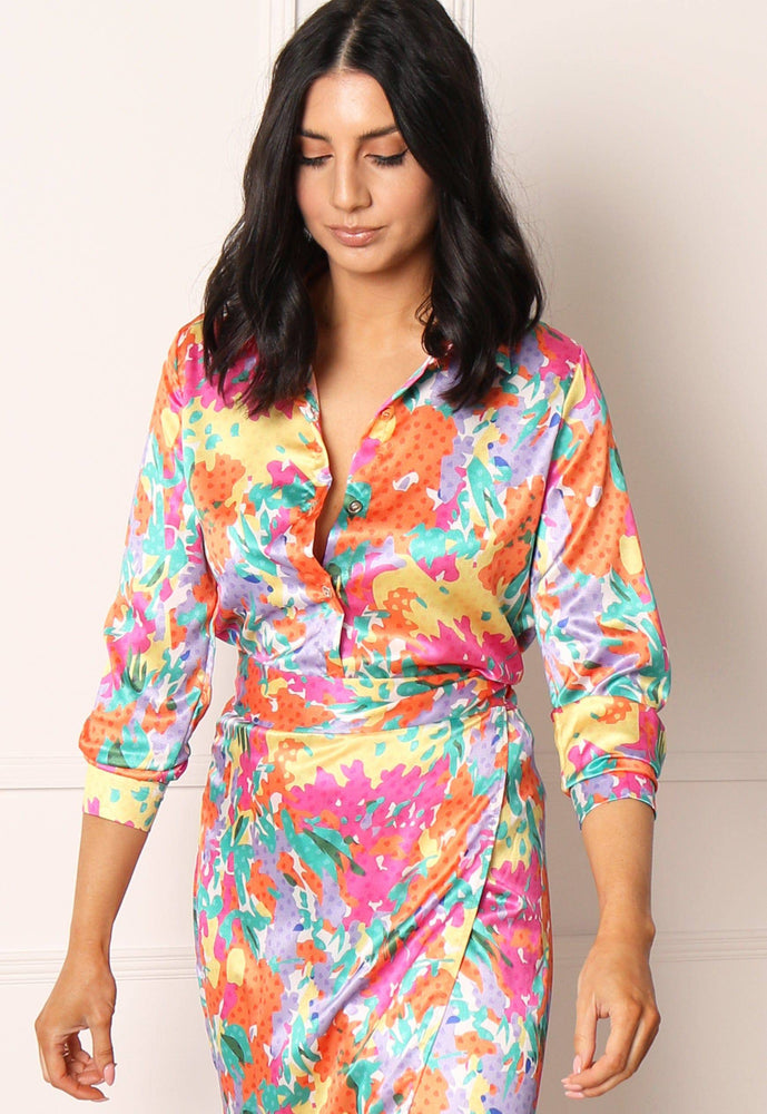 Printed Satin Collared Button Shirt in Bright Multi Floral - One Nation Clothing
