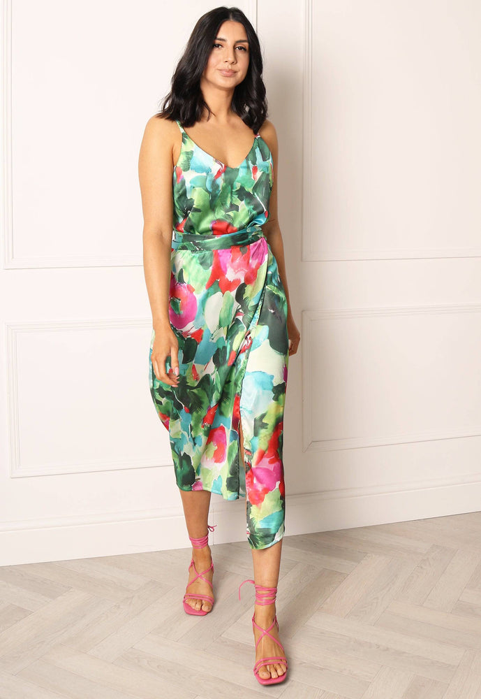
                  
                    Printed Satin Wrap Midi Skirt in Green & Red Watercolour Floral - One Nation Clothing
                  
                