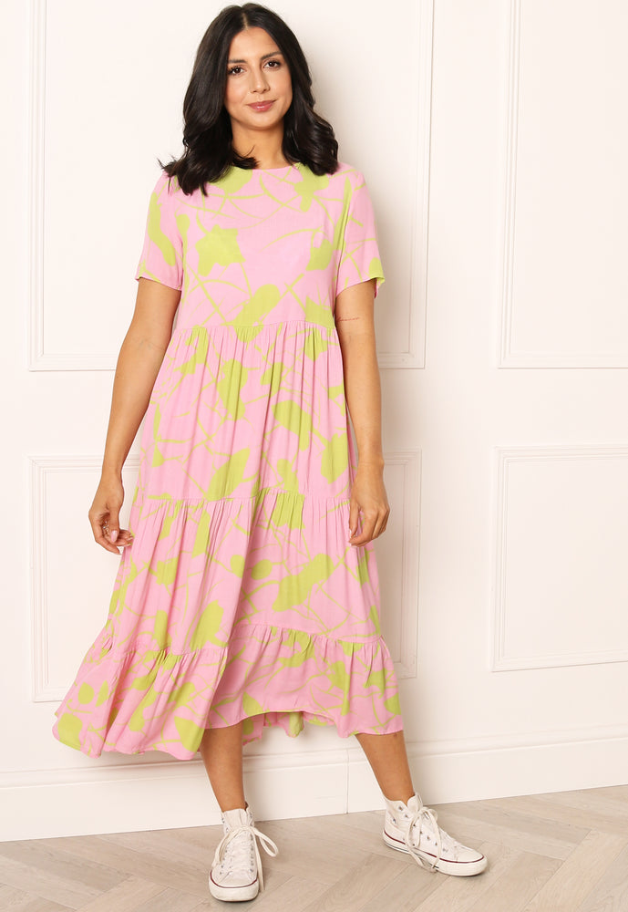 PIECES Malia Printed Oversized Smock Midi Dress with Short Sleeves in Pink & Green - One Nation Clothing