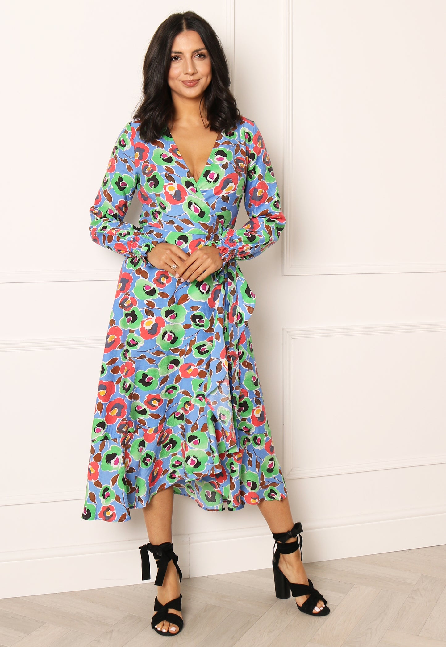YAS Arty Long Sleeve Floral Print Midi Frill Wrap Dress in Blue, Green & Red - One Nation Clothing